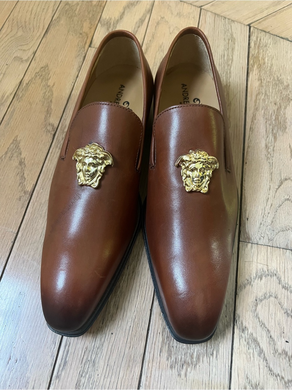 Brown Leather Slip-On Loafers with Gold gold Medallion